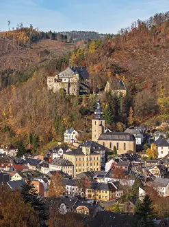 View of Grafenthal with Wespenstein Castle in the Thuringian Highlands in autumn