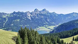 View of the Haldensee and the Tannheim mountains from the Neunerkoepfle