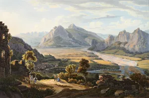 View of the Haldenstein ruins above Ragatz and the town of Sargans, in the Swiss canton of Graubuenden, Switzerland, view from around 1830