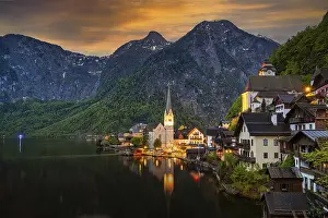 A view of Hallstatt in Austria with lake and mountains
