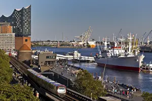 View of Hamburg harbour with museum ship Cap San Diego