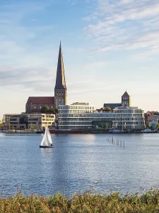 View of the Hanseatic city of Rostock with St Peter's Church