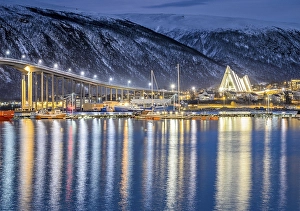 Category Scandinavia Prints: View over the harbour and city with Tromsobrua or Tromso Bridge