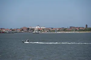 View of harbour with observation tower and spa hotel