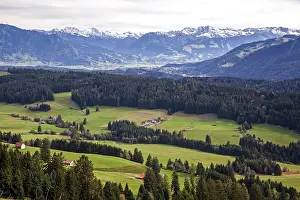 View from the Hauchenberg ridge to the Illertal valley and mountains of the Allgaeu Alps