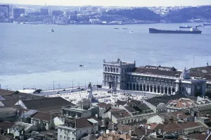 View of historic buildings and the Tagus River, Commerce Square, Praca do Comercio, Terreiro do Paco, Lisbon, Portugal, 1975, Europe