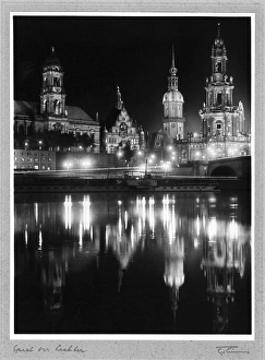 View of historic Dresden at night from the Neustaedte Ufer, Residenzschloss, Katholische Hofkirche, Dresden before the destruction, photo cycle STADT AM STROM, DRITTE FOLGE, by Friedrich Luening (1901-1952)