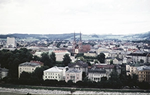View over historical buildings to the Andraekirche before its remodelling in the late 1960s, Salzburg, Austria, Europe 1960, Europe