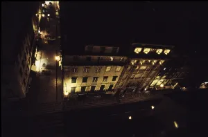 View of illuminated old town from Elevador de Santa Justa at night