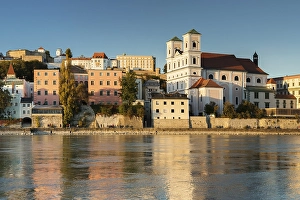 View over the Inn to St. Michael Jesuit Church and Veste Oberhaus, Passau, Lower Bavaria, Bavaria, Germany, Europe