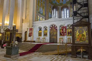 View of the interior of an Orthodox church with altar