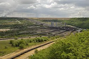 View from the Jackerath public viewing point of the conveyor systems from the mining area to the power station