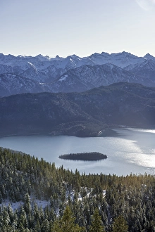 View from Jochberg to Walchensee in winter with snow