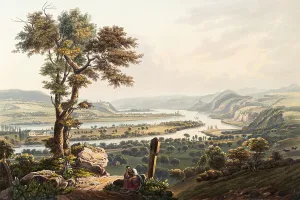 View from Karthaus to Stolzenfels Castle in the Middle Rhine Valley in Koblenz, Rhineland-Palatinate, Germany, view around 1830, digitally restored reproduction of a 19th century model by Johann Ludwig Bleuler (12 February 1792 - 28 March 1850)