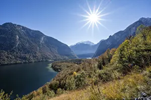 View of the Koenigssee from the Rinnkendlsteig mountain hiking trail