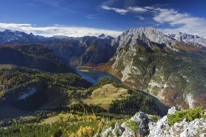 View over the Koenigssee and the Watzmann massif from the Jenner in autumn