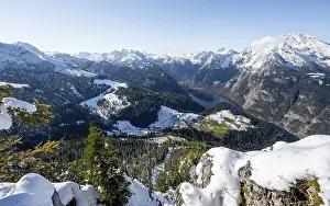 View of Koenigssee and Watzmann with snow in autumn