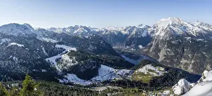 View of Koenigssee and Watzmann with snow in autumn