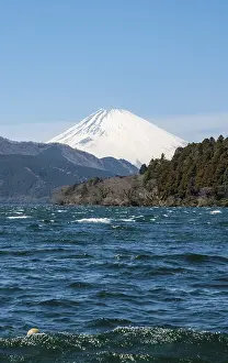View of Lake Ashi with Mount Fuji volcano