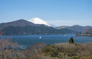 View of Lake Ashi with Mount Fuji volcano