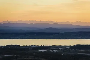View of Lake Constance and the Swiss Alps from the Gehrenberg