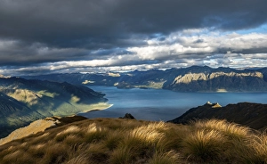 Category Mountain Landscapes Prints: View of Lake Hawea, lake and mountain landscape in the evening light