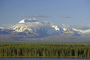 View of lake and snow-capped mountains