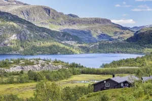 View on lake and wooden house from the most beautiful train journey Flamsbana between Flam