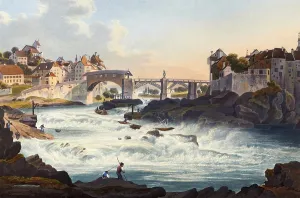 View of Laufenburg Castle, Rhine, from the side of the Canton of Aargau, Germany, view from around 1830, digitally restored reproduction of a 19th century model by Johann Ludwig Bleuler (12 February 1792 - 28 March 1850)