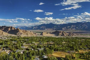 View of Leh from above from Shanti Stupa on sunset
