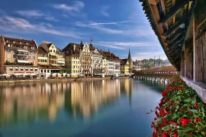 View of Lucerne's old town from the Chapel Bridge