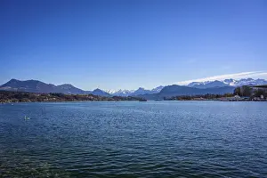 View from Luzerner Quai to Lake Lucerne with mountain panorama