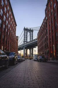 View from Main Street to Manhattan Bridge and Empire State Building