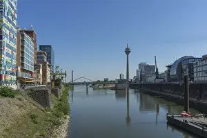 View from Media Harbour in the german city Duesseldorf with blue sky