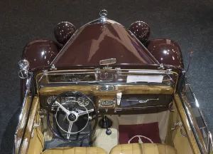 View into a Mercedes Benz 170s cabriolet cockpit at Techno Classica