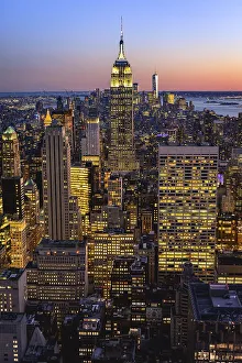 View of Midtown and Downtown Manhattan and Empire State Building from Top of the Rock Observation Center at Sunset