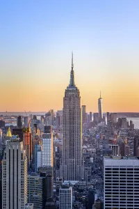 View of Midtown and Downtown Manhattan and Empire State Building from Top of the Rock Observation Center at sunset