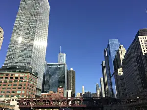 View of modern skyscrapers in the city under a clear blue sky