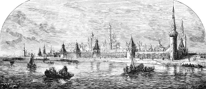 View across the Moskva River to the Kremlin in Moscow, capital with seat of government, city wall with towers, political centre, rowing boats, sailing ships, geography, Russia, historical illustration 1888, Europe