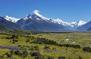 View of Mount Cook and snow covered mountains with Tasman River