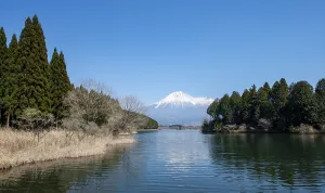 View of Mount Fuji volcano and Lake Tanuki from Fuji-mae observation deck