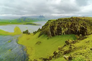 View of mountain from the cape Dyrholaey near the village of Vik in Iceland