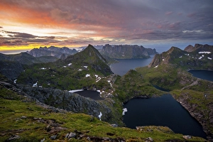 View of mountain landscape with lakes Litlforsvatnet and Tennesvatnet and fjord Forsfjorden