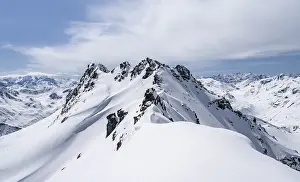 View of mountain panorama with mountain peaks of the Bernina group