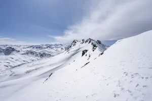 View of mountain panorama with mountain peaks of the Bernina group