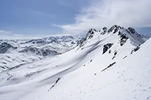 View of mountain panorama with mountain peaks of the Bernina group