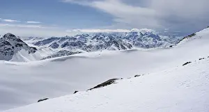 View of mountain panorama with mountain peaks of the Bernina Group