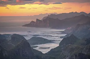 View over mountain top and sea to Fredvang