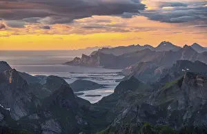 View over mountain top and sea to Fredvang