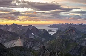 View over mountain tops and sea to Fredvang